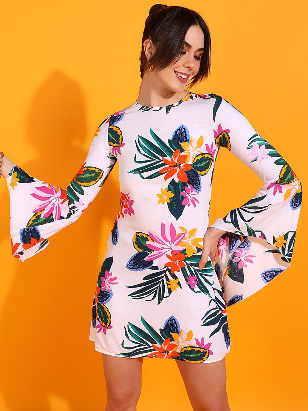 

DressBerry Floral Print Bell Sleeve Georgette Sheath Dress, Multi