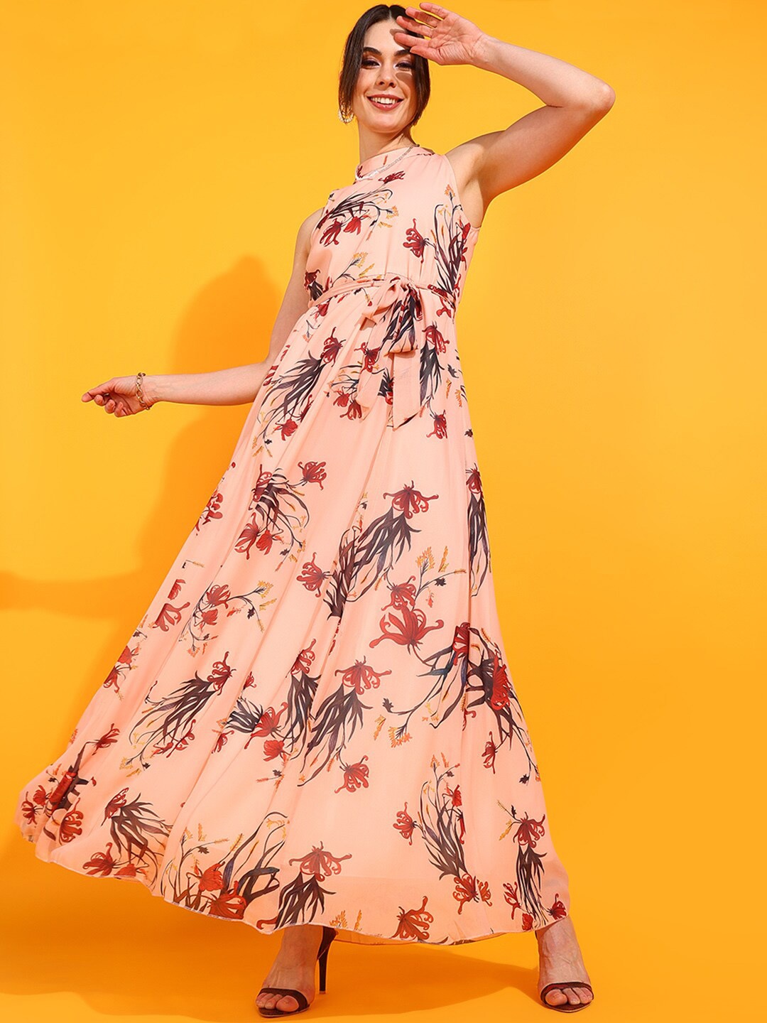 

DressBerry Peach Coloured Floral Printed Georgette Maxi Dress