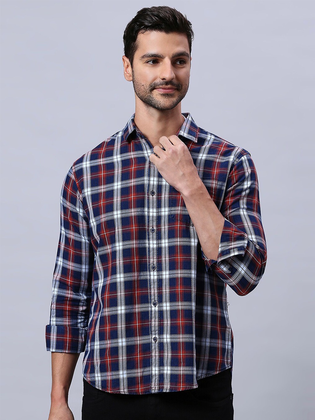 

HJ HASASI Slim Fit Tartan Checks Cotton Casual Shirt, Navy blue