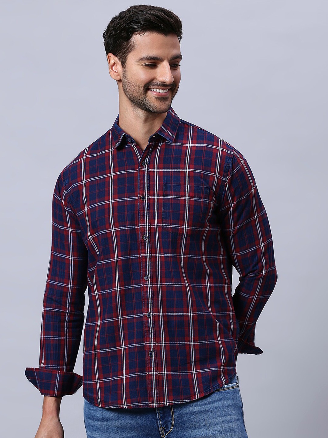 

HJ HASASI Slim Fit Tartan Checked Cotton Casual Shirt, Navy blue