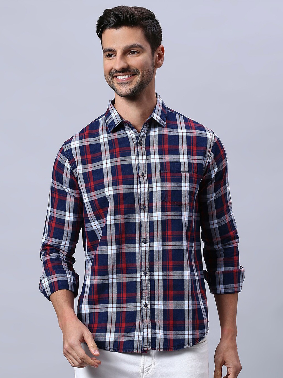 

HJ HASASI Slim Fit Tartan Checks Cotton Casual Shirt, Navy blue