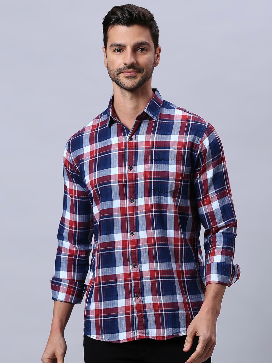 

HJ HASASI Slim Fit Tartan Checked Cotton Casual Shirt, Navy blue