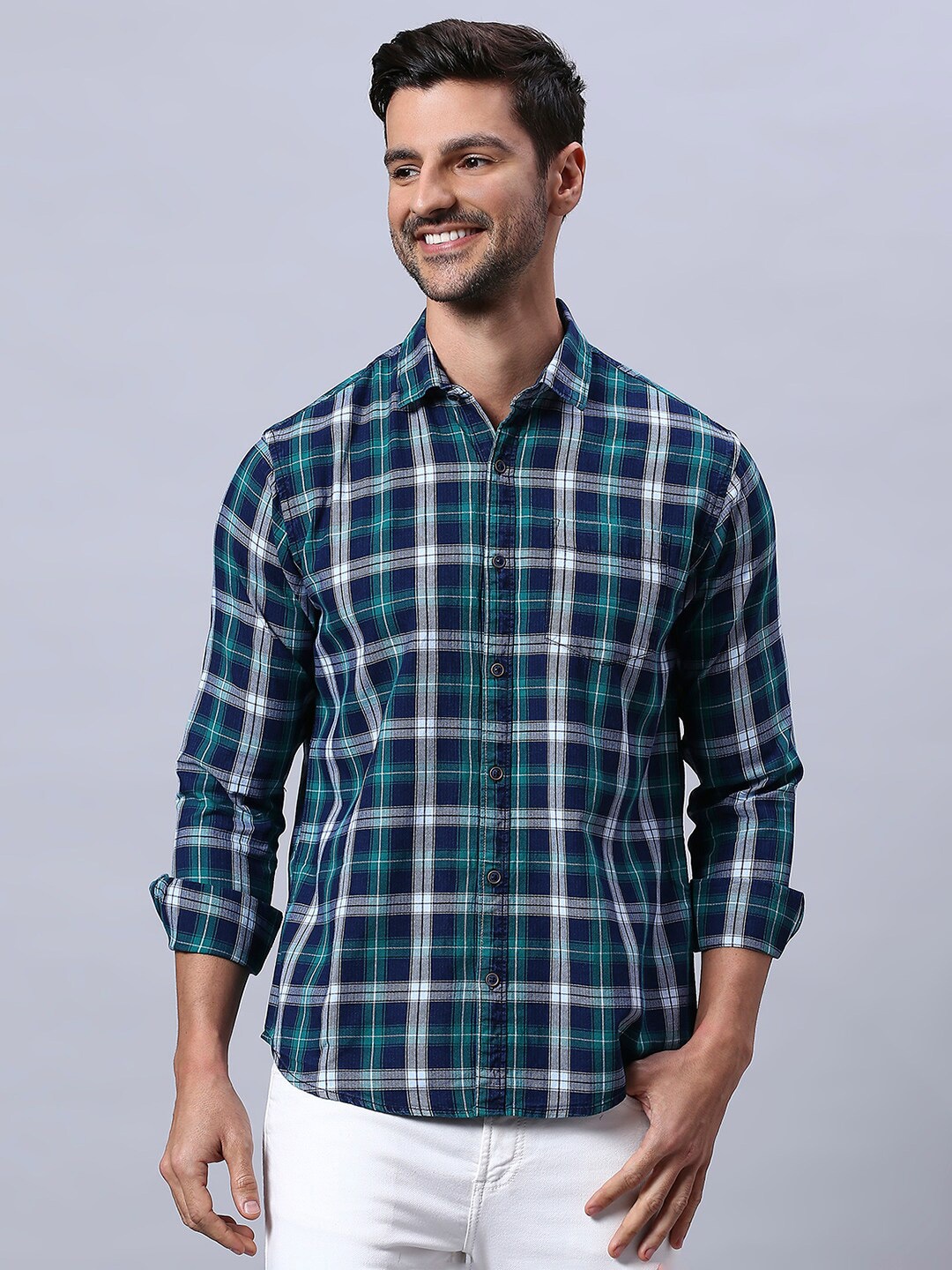 

HJ HASASI Slim Fit Tartan Checked Cotton Casual Shirt, Navy blue