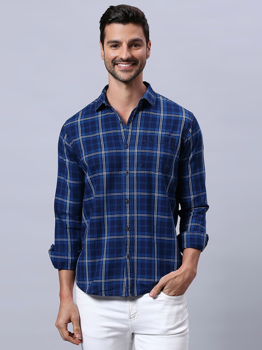 

HJ HASASI Slim Fit Tartan Checked Cotton Casual Shirt, Navy blue