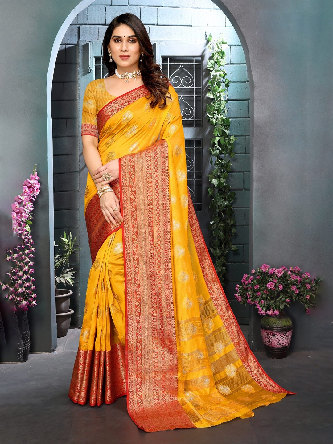 

vj fashion Woven Design Zari Banarasi Saree, Yellow