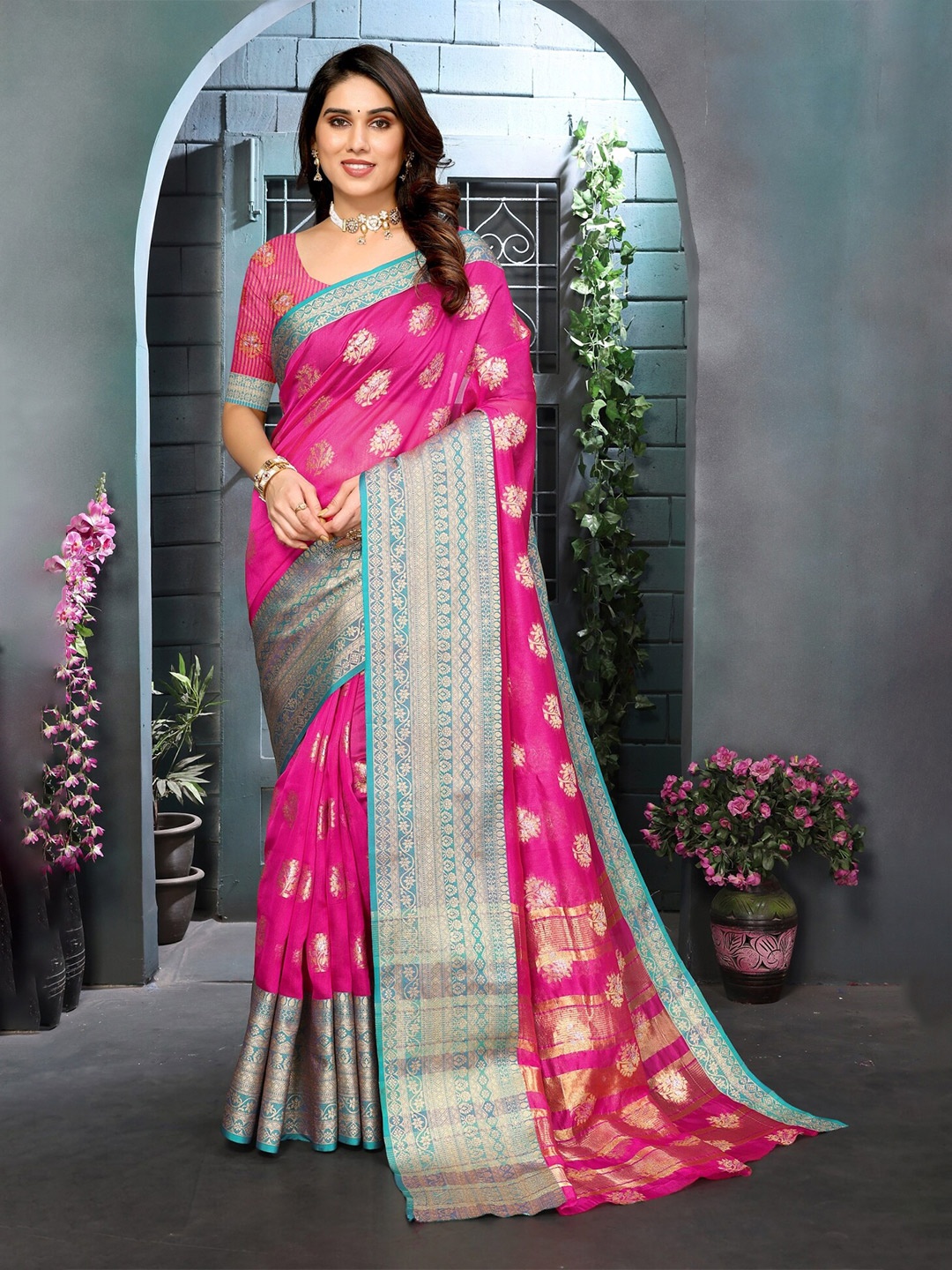 

vj fashion Ethnic Motifs Zari Fusion Banarasi Saree, Pink