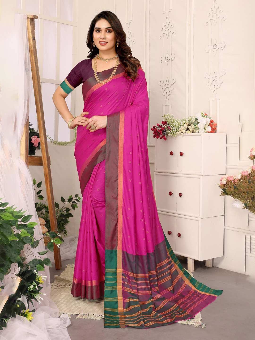 

vj fashion Woven Design Zari Saree, Pink