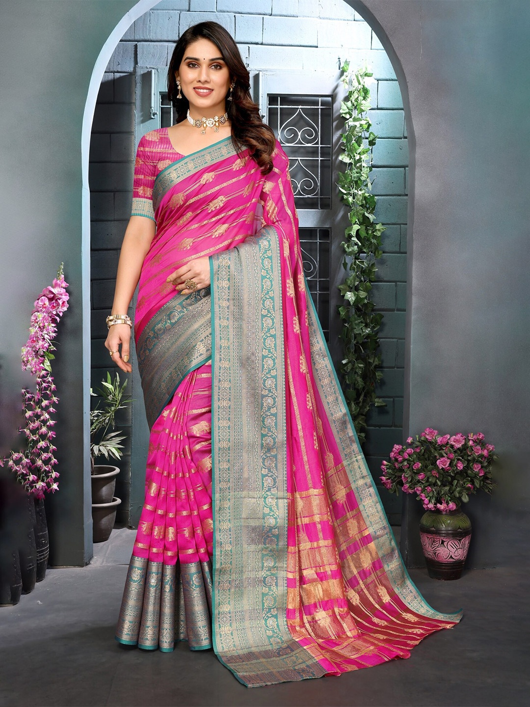 

vj fashion Ethnic Woven Design Zari Banarasi Saree, Pink