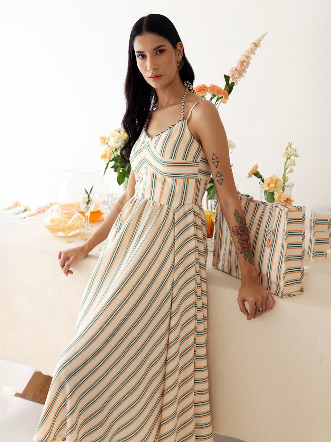 

Baise Gaba Striped Satin A-Line Dress, Off white