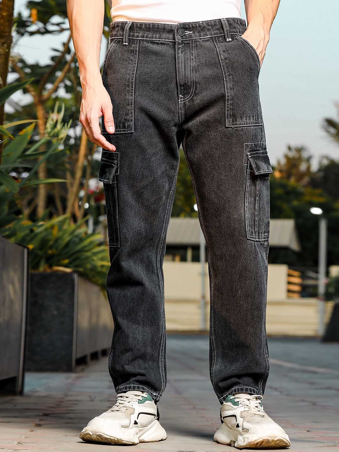 

HERE&NOW Men Smart Relaxed Fit Pure Cotton Cargo Jeans, Charcoal