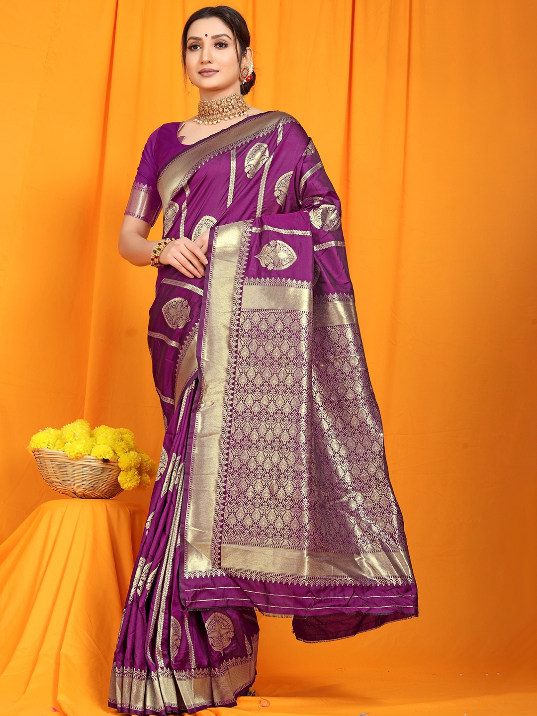 

PATIALAPICKS Ethnic Motifs Zari Pure Silk Kanjeevaram Saree, Purple