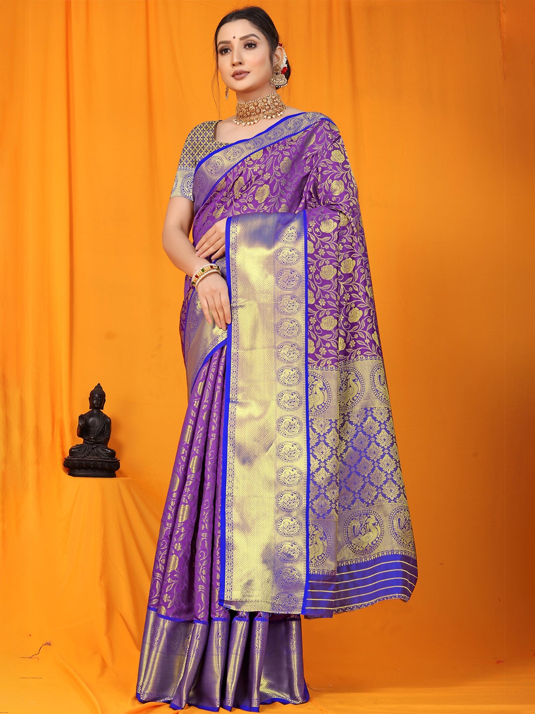 

PATIALAPICKS Ethnic Motifs Woven Design Zari Pure Silk Paithani Saree, Purple