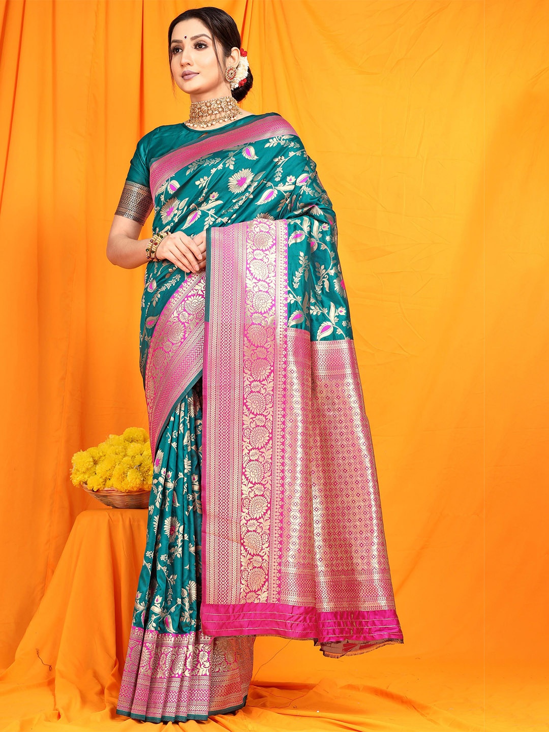 

PATIALAPICKS Ethnic Motifs Woven Design Zari Pure Silk Kanjeevaram Saree, Turquoise blue