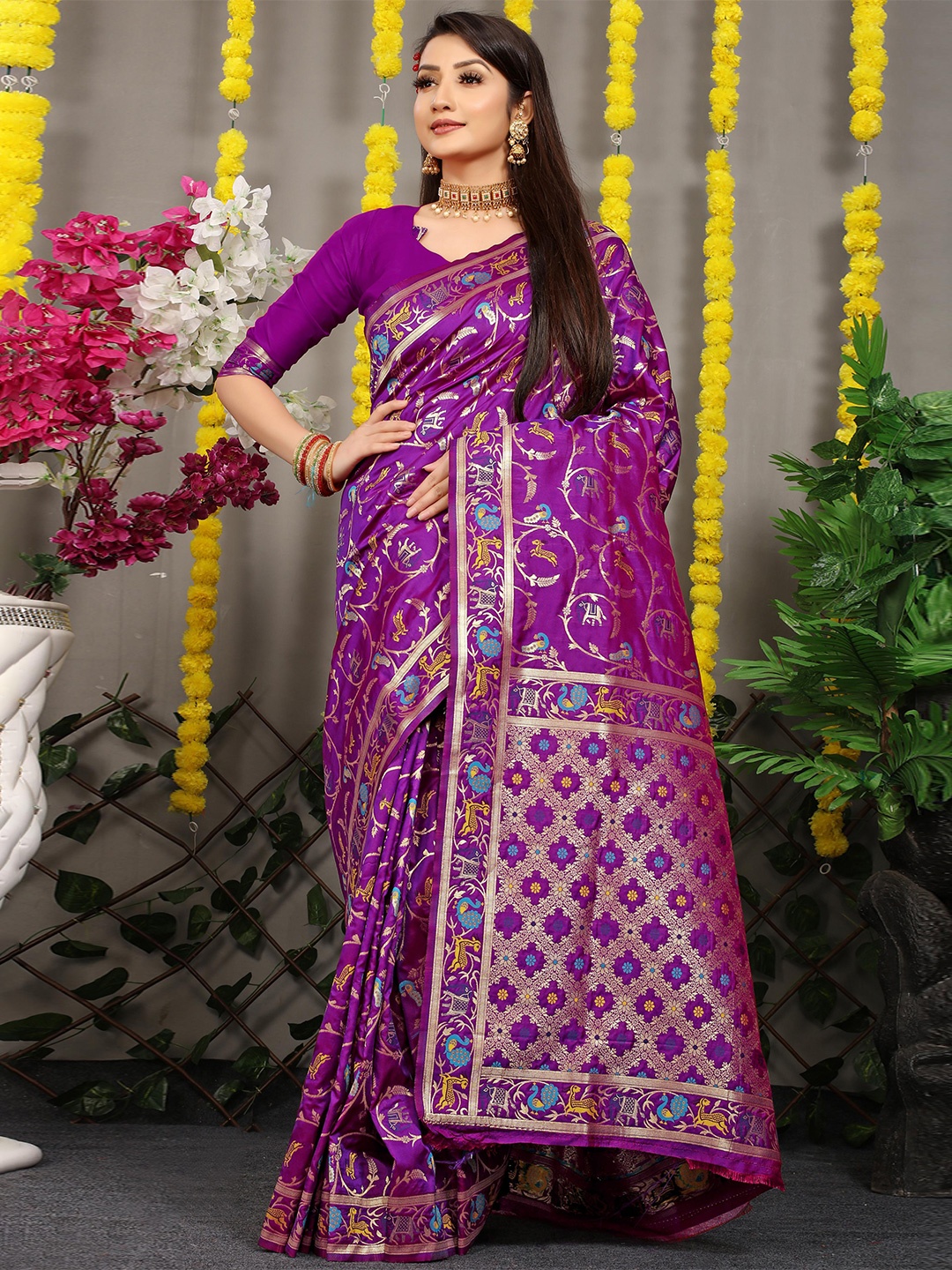 

PATIALAPICKS Ethnic Motifs Woven Design Zari Pure Silk Kanjeevaram Saree, Purple