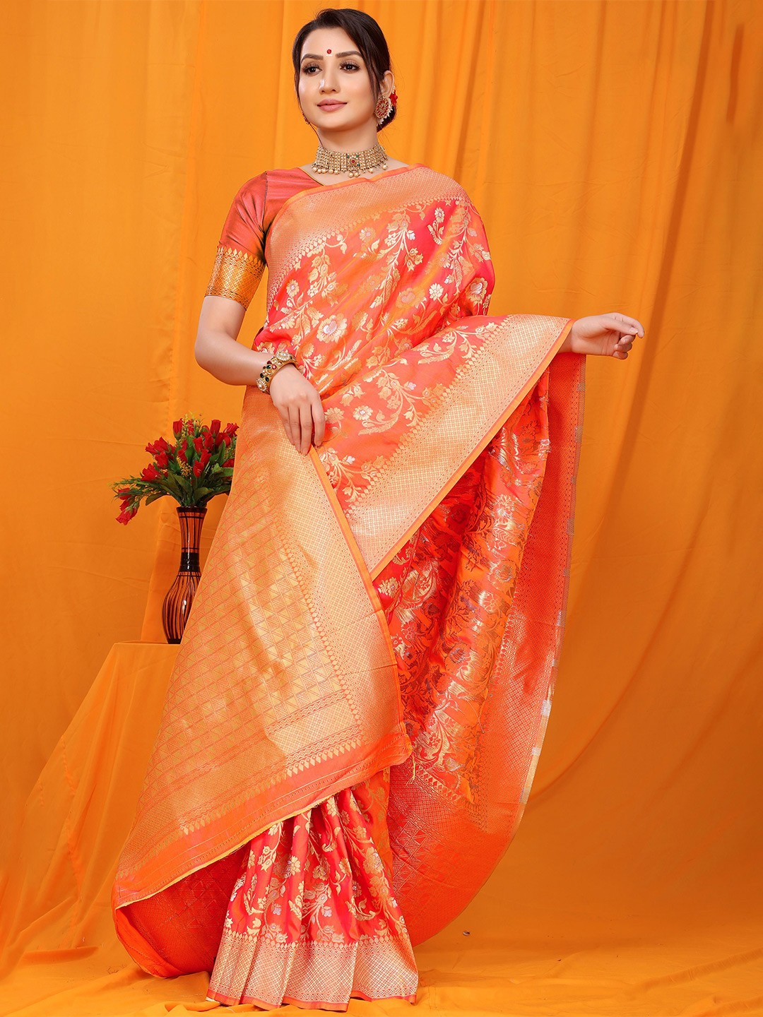 

PATIALAPICKS Floral Woven Design Zari Pure Silk Kanjeevaram Saree, Orange
