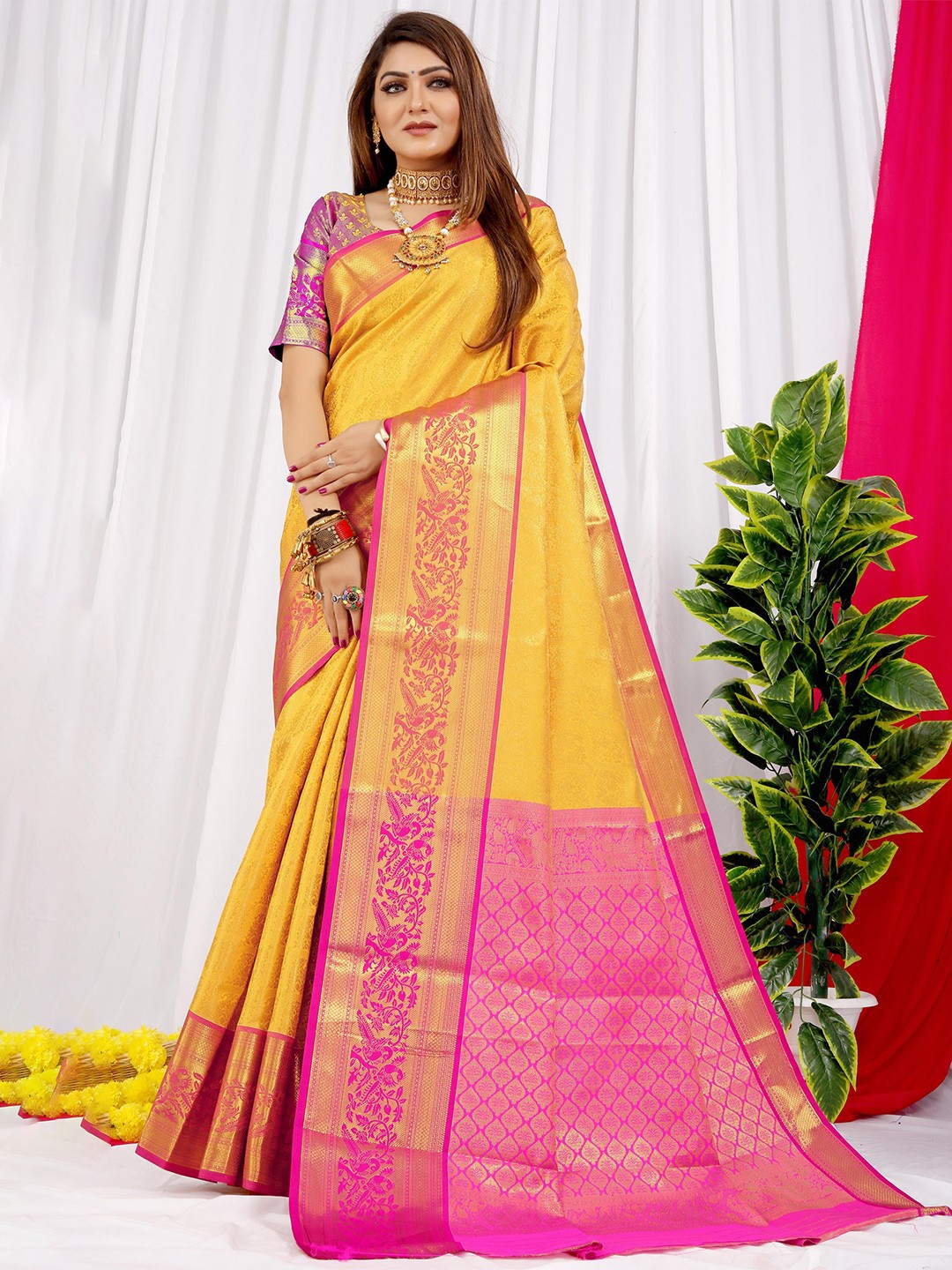 

PATIALAPICKS Ethnic Motifs Woven Design Zari Pure Silk Kanjeevaram Saree, Yellow