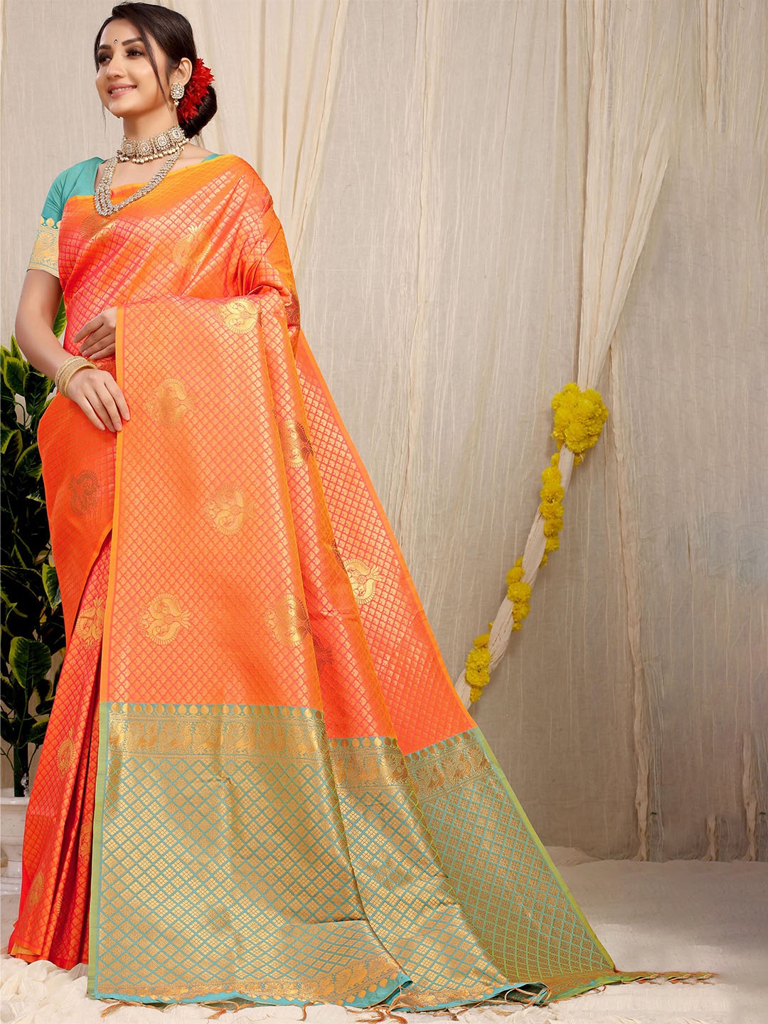

PATIALAPICKS Ethnic Motifs Woven Design Zari Pure Silk Paithani Saree, Orange