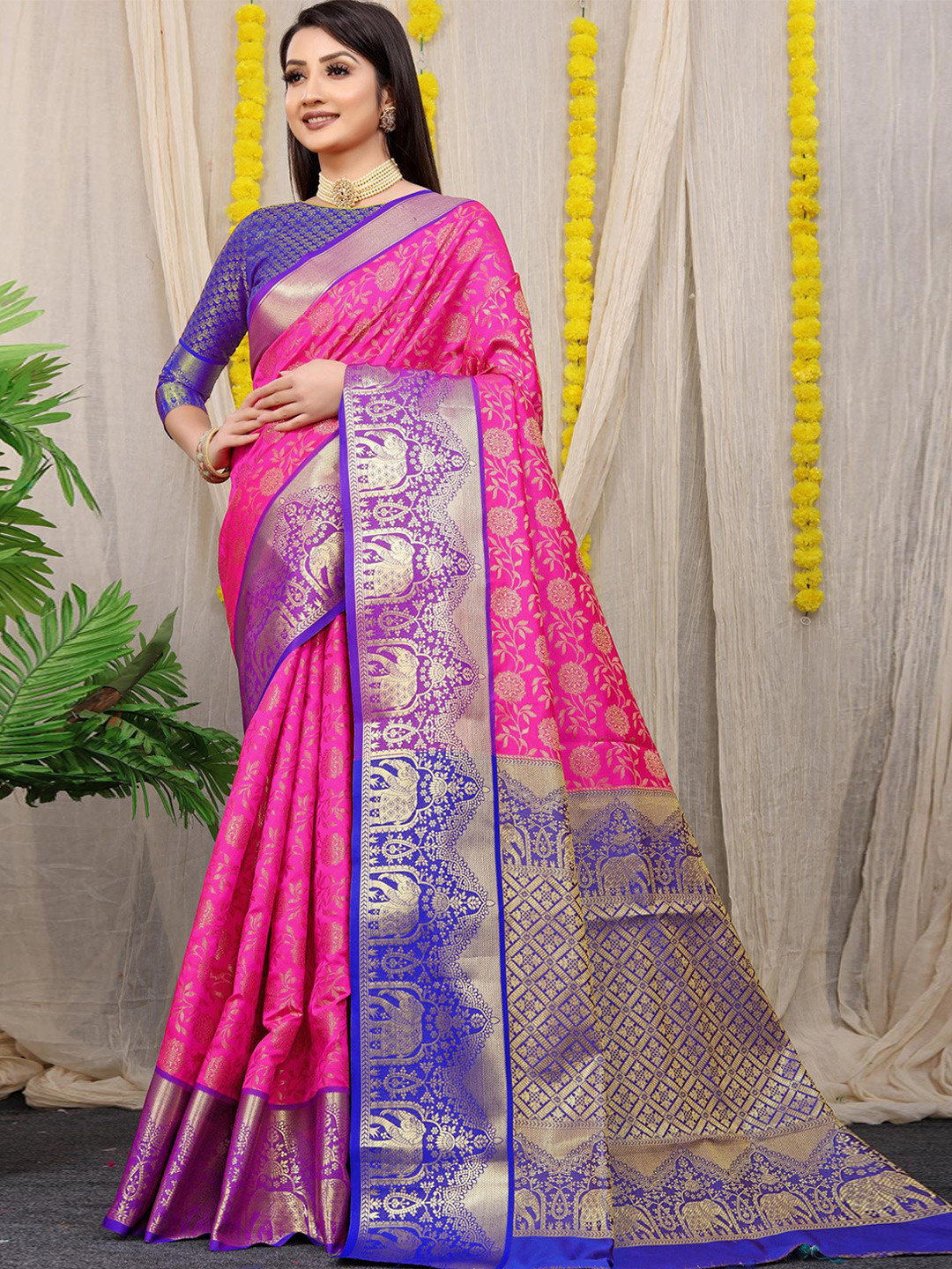 

PATIALAPICKS Ethnic Motifs Woven Design Zari Pure Silk Heavy Work Kanjeevaram Saree, Pink