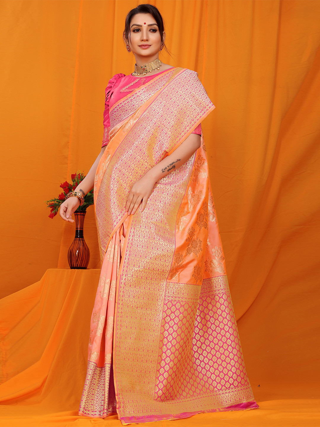 

PATIALAPICKS Ethnic Motifs Woven Design Zari Pure Silk Kanjeevaram Saree, Orange