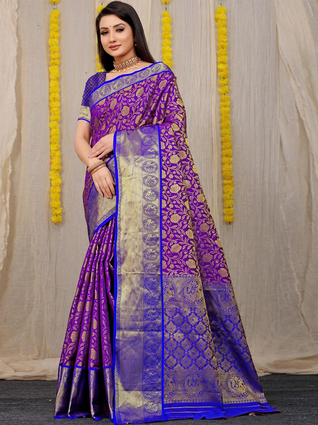 

PATIALAPICKS Woven Design Zari Pure Silk Heavy Work Kanjeevaram Saree, Purple