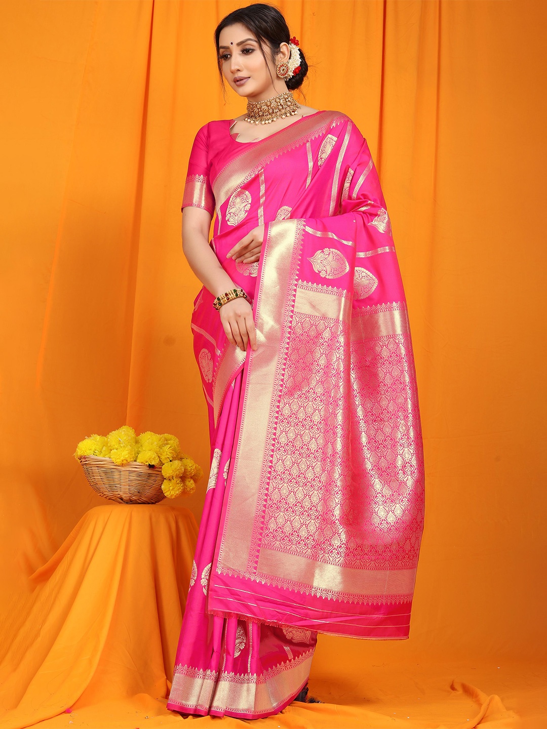 

PATIALAPICKS Ethnic Motifs Woven Design Zari Pure Silk Kanjeevaram Saree, Pink