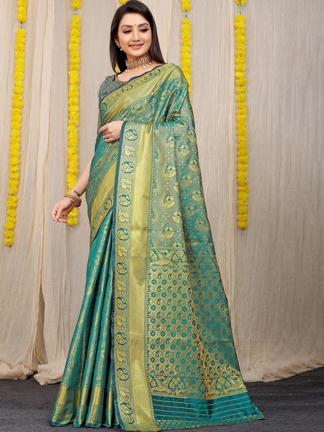 

PATIALAPICKS Ethnic Motifs Zari Pure Silk Paithani Saree, Sea green
