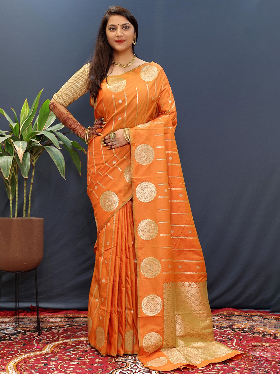 

PATIALAPICKS Ethnic Motifs Woven Design Zari Pure Silk Kanjeevaram Saree, Mustard