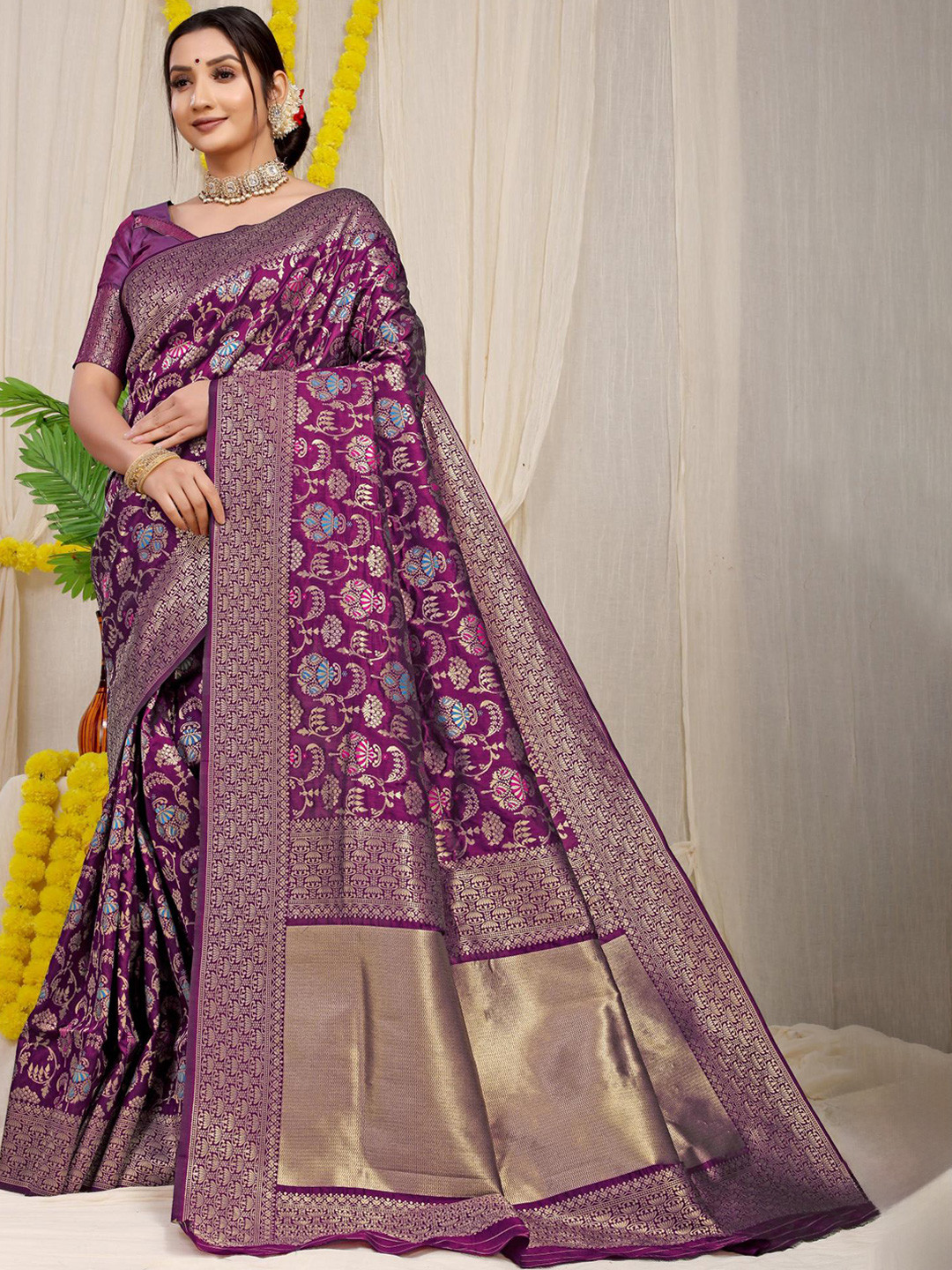 

PATIALAPICKS Ethnic Motifs Woven Design Zari Pure Silk Kanjeevaram Saree, Magenta