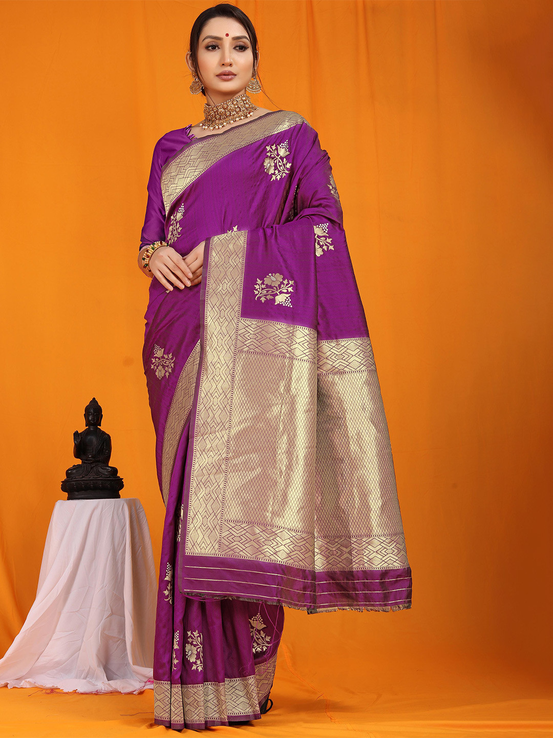 

PATIALAPICKS Ethnic Motifs Woven Design Zari Pure Silk Kanjeevaram Saree, Purple