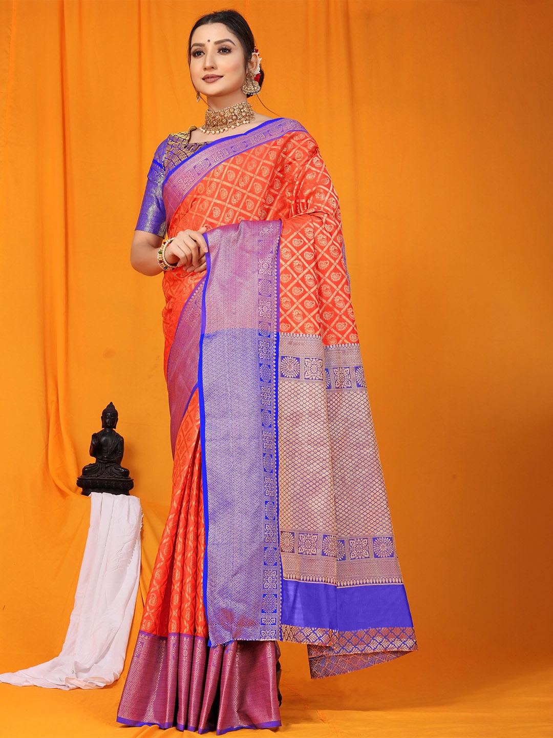 

PATIALAPICKS Ethnic Motifs Woven Design Zari Pure Silk Kanjeevaram Saree, Orange