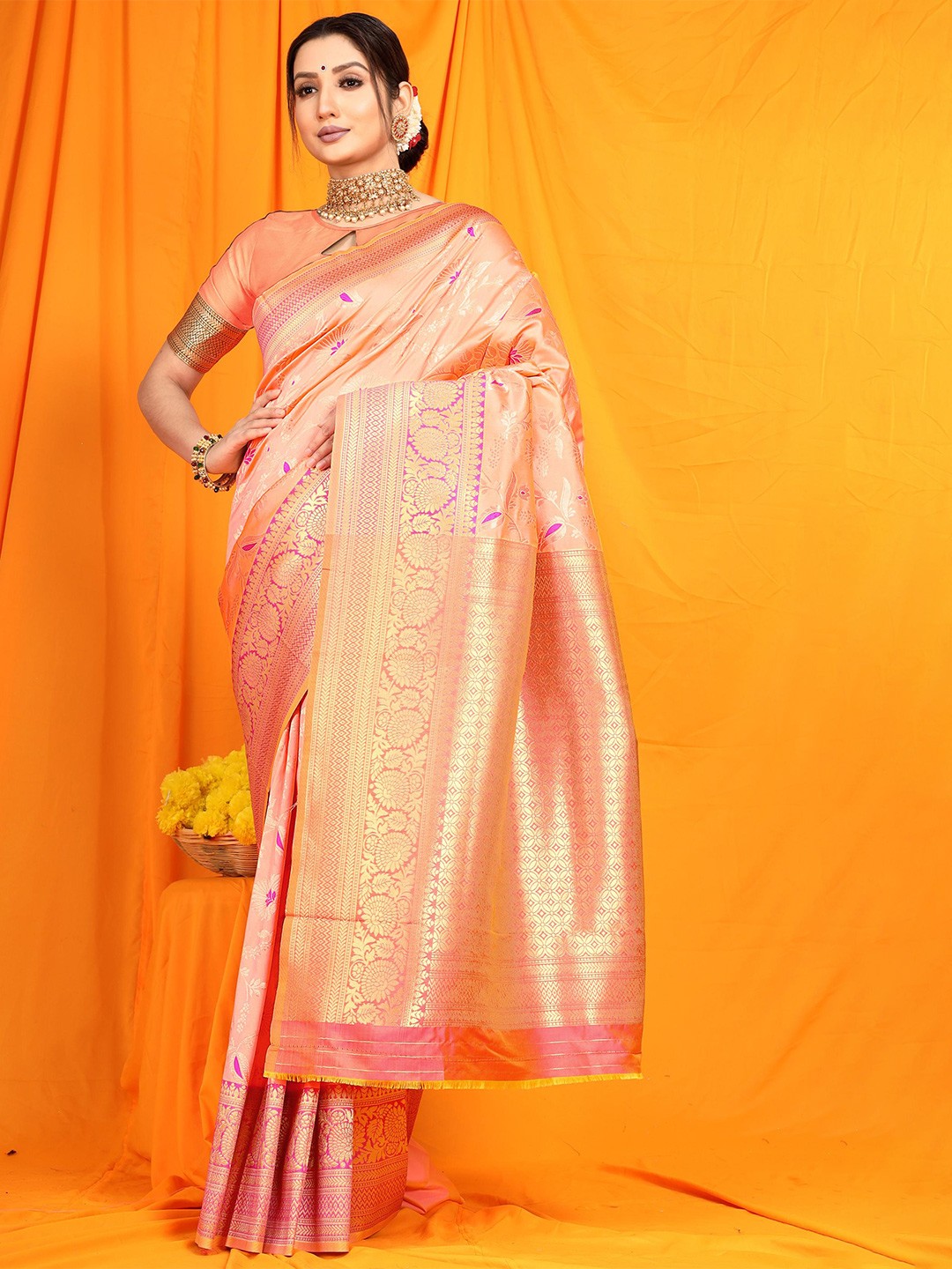 

PATIALAPICKS Floral Woven Design Zari Pure Silk Kanjeevaram Saree, Orange
