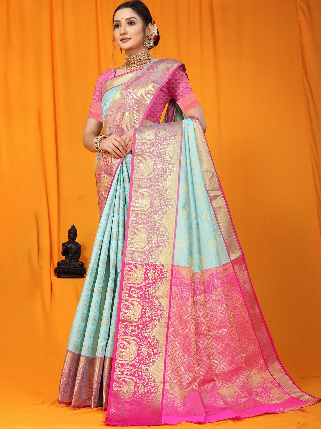 

PATIALAPICKS Ethnic Motifs Woven Design Zari Pure Silk Kanjeevaram Saree, Blue