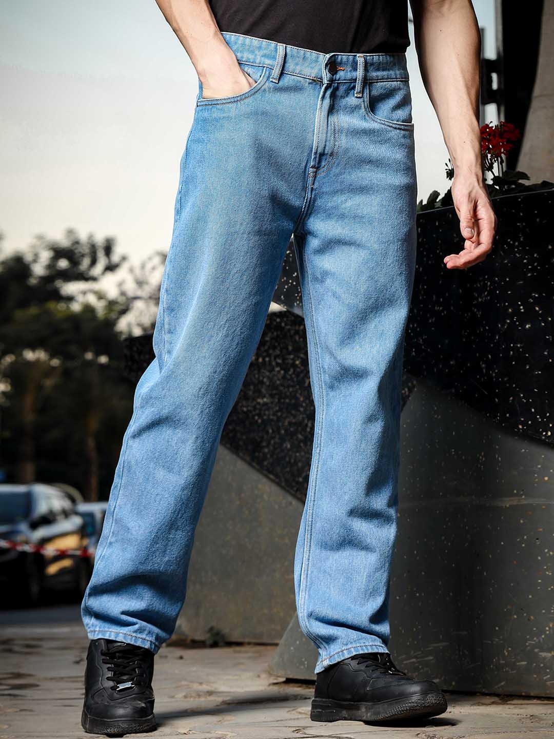 

HERE&NOW Men Loose Relaxed Fit Pure Cotton Cargo Jeans, Blue