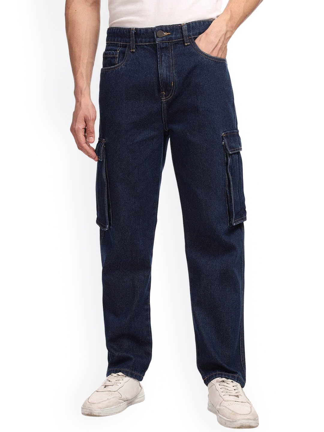 

HERE&NOW Men Loose Relaxed Fit Pure Cotton Cargo Jeans, Blue