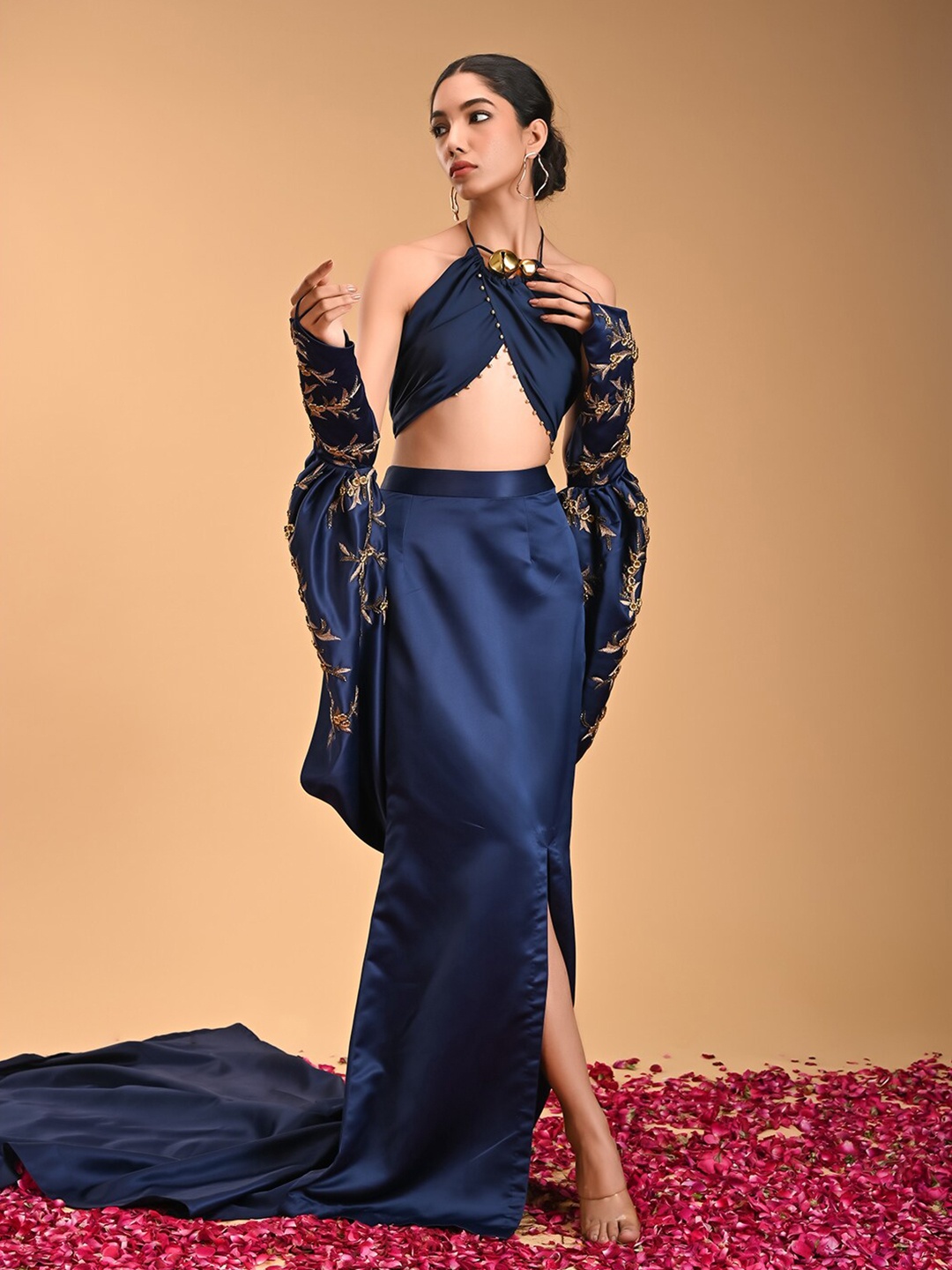 

RIRASA Embroidered Sleeveless Top With Skirt & Shrug, Blue