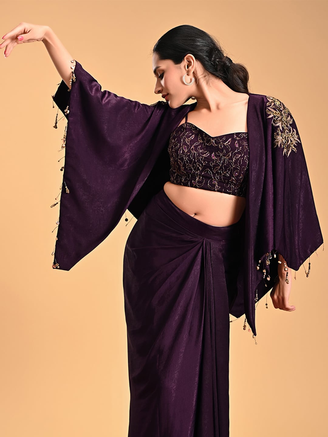 

RIRASA Garuda Floral Embroidered Crepe Cape, Purple