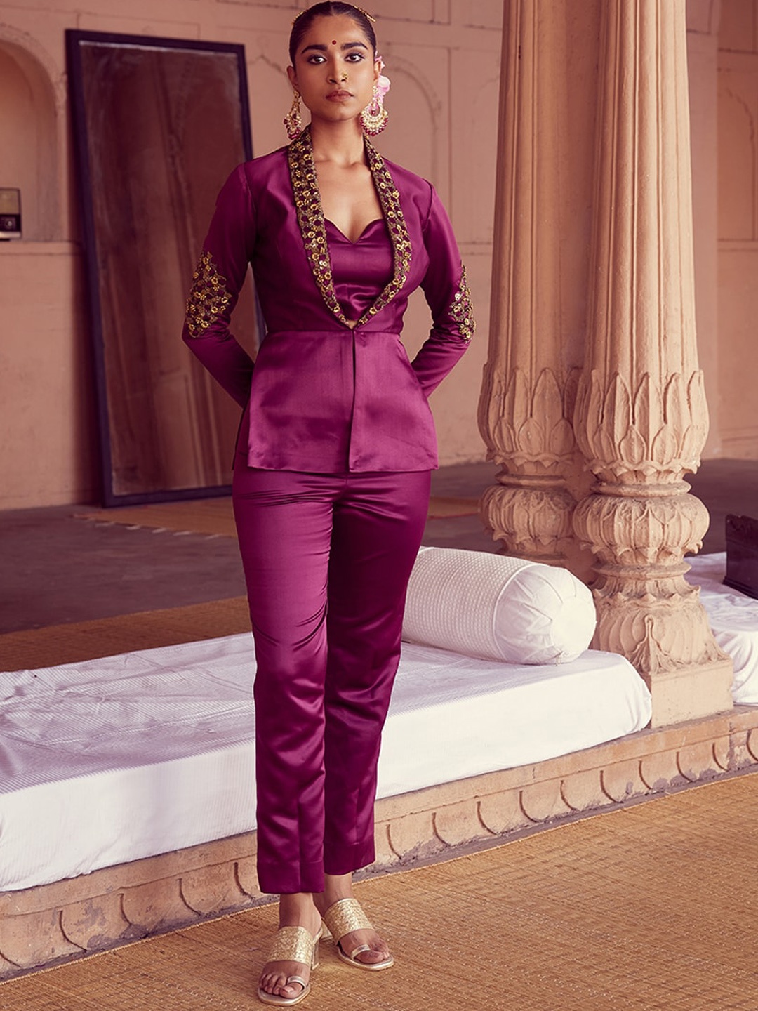 

RIRASA Floral Embroidered Satin Tailored Jacket, Purple