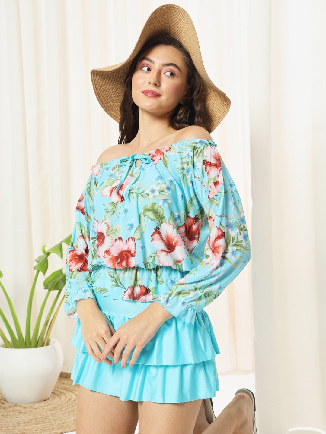 

BAESD Floral Printed Off-Shoulder Puff Sleeves Gathered Detailed Drop-Waist Mini Dress, Blue