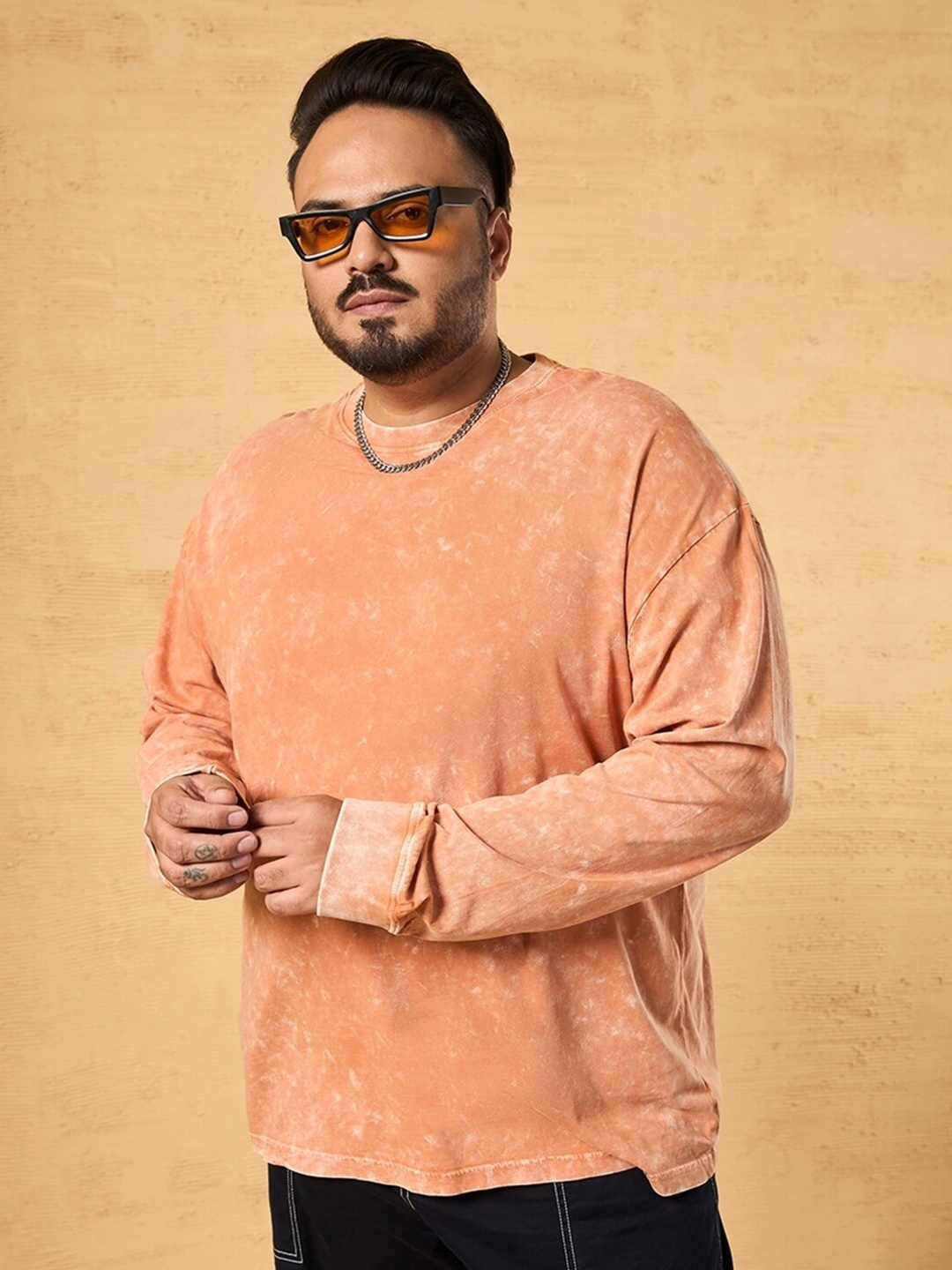 

Bewakoof Plus Round Neck Long Sleeves Cotton Oversized T-shirt, Orange