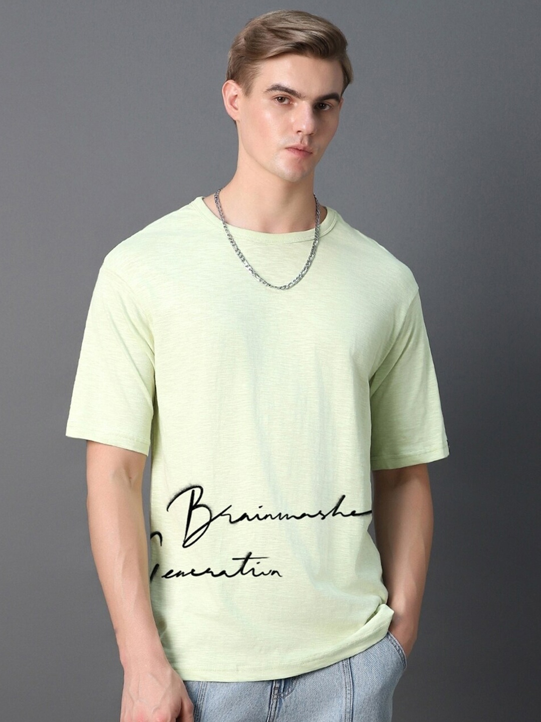 

Bewakoof AIR Typography Printed Cotton Oversized Raw Edge T-shirt, Green