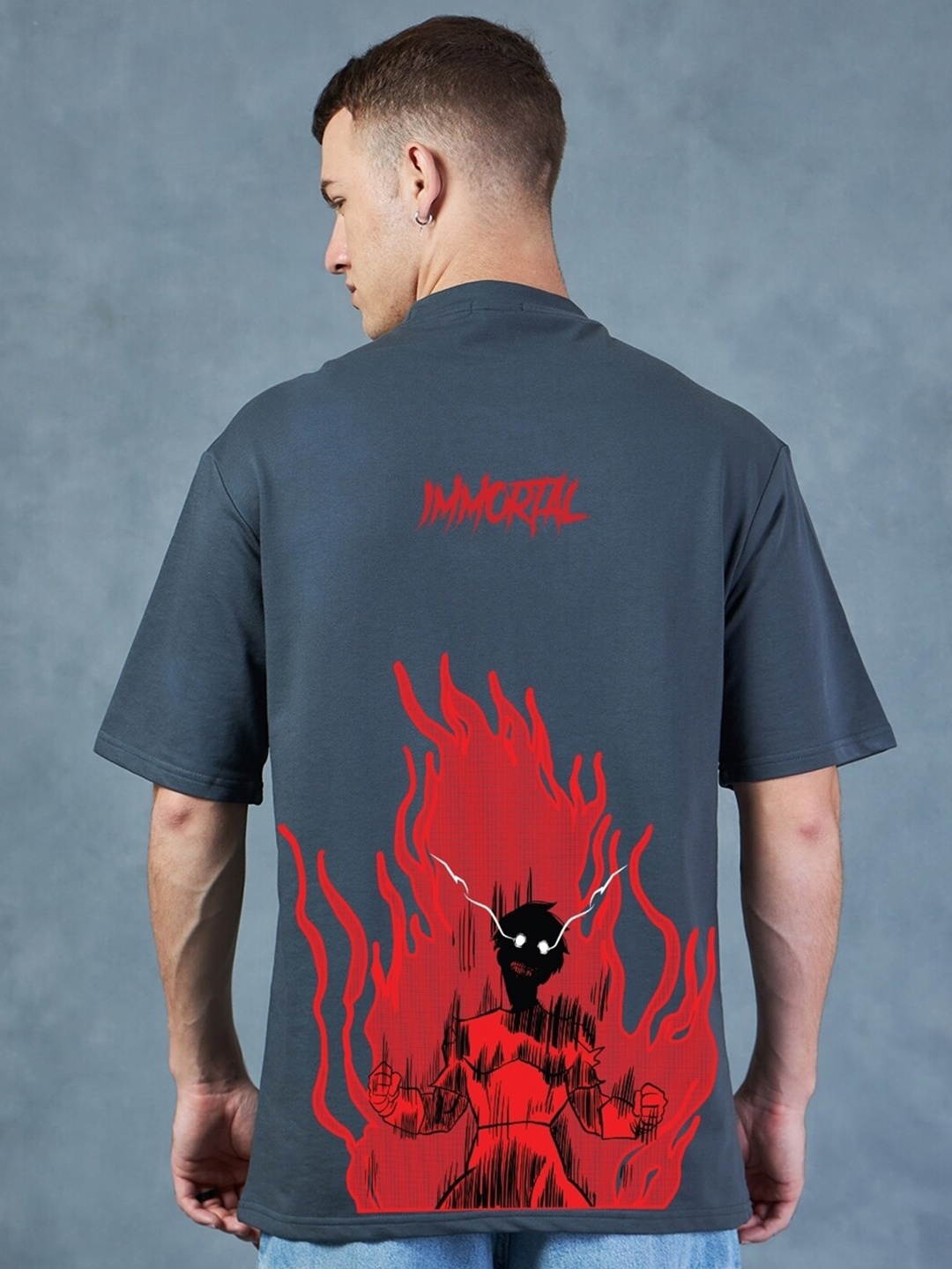 

Bewakoof Grey Immortal Graphic Printed Drop-Shoulder Sleeves Cotton Oversized T-shirt