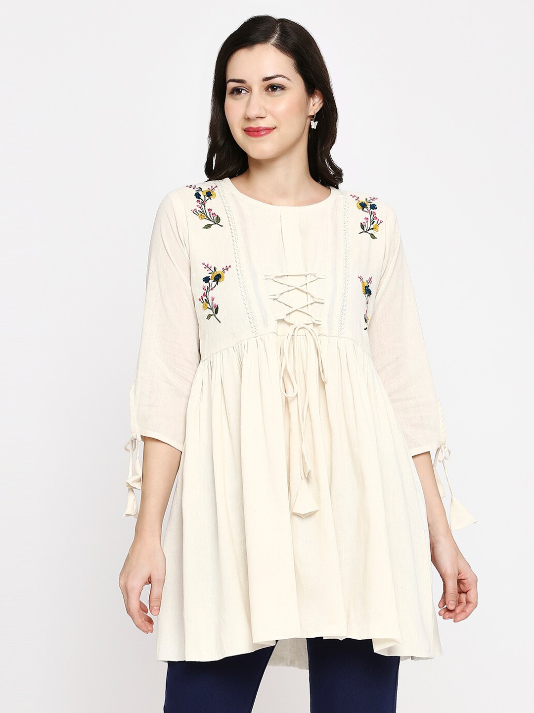 

YOELLA Boat Neck Floral Embroidered Tunic, Off white
