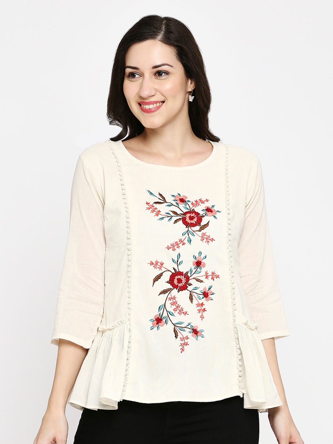 

YOELLA Floral Embroidered Cotton A-Line Top, Off white