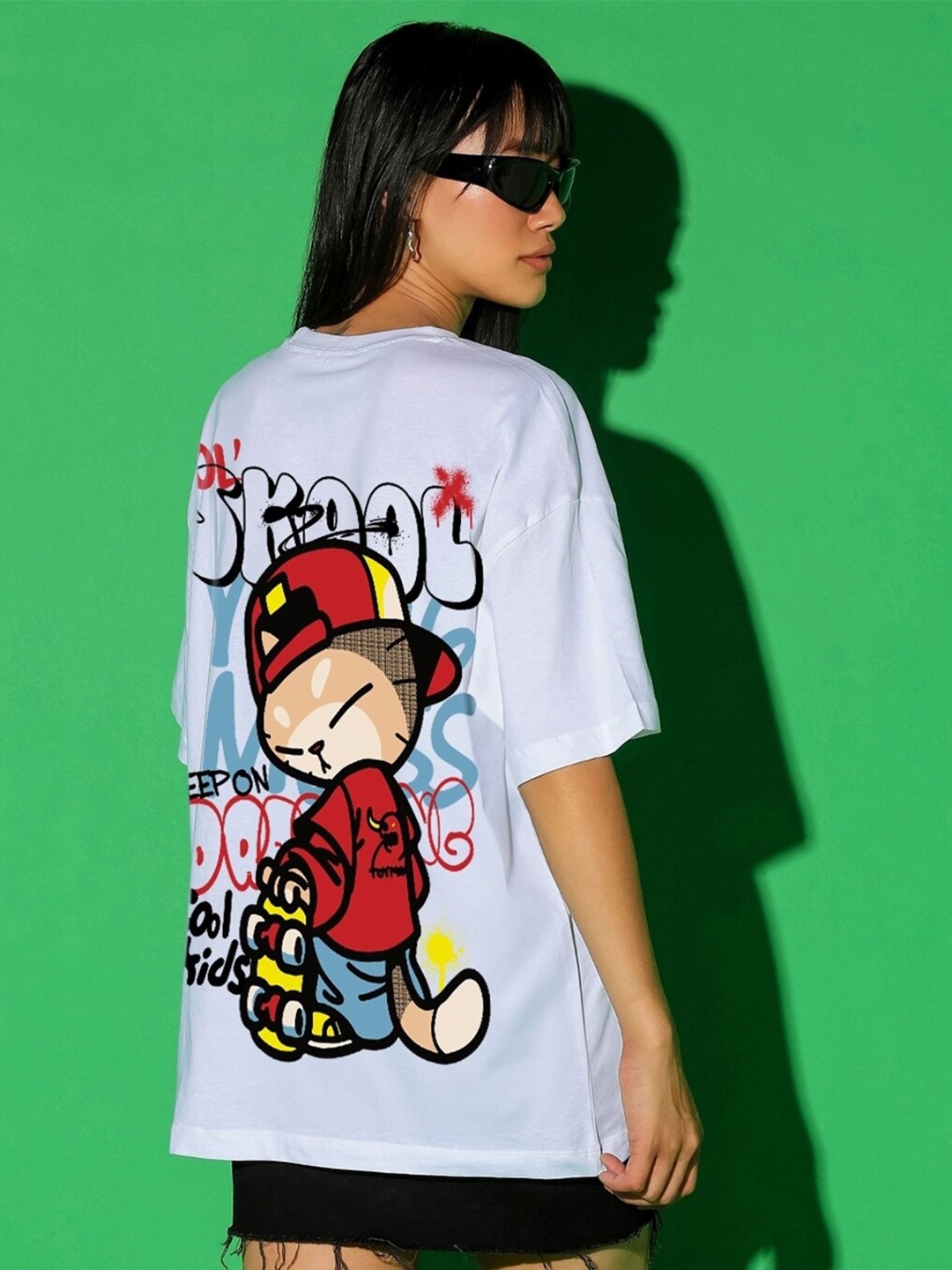 

Bewakoof White Skool Printed Drop-Shoulder Sleeves Cotton Longline Oversized T-shirt