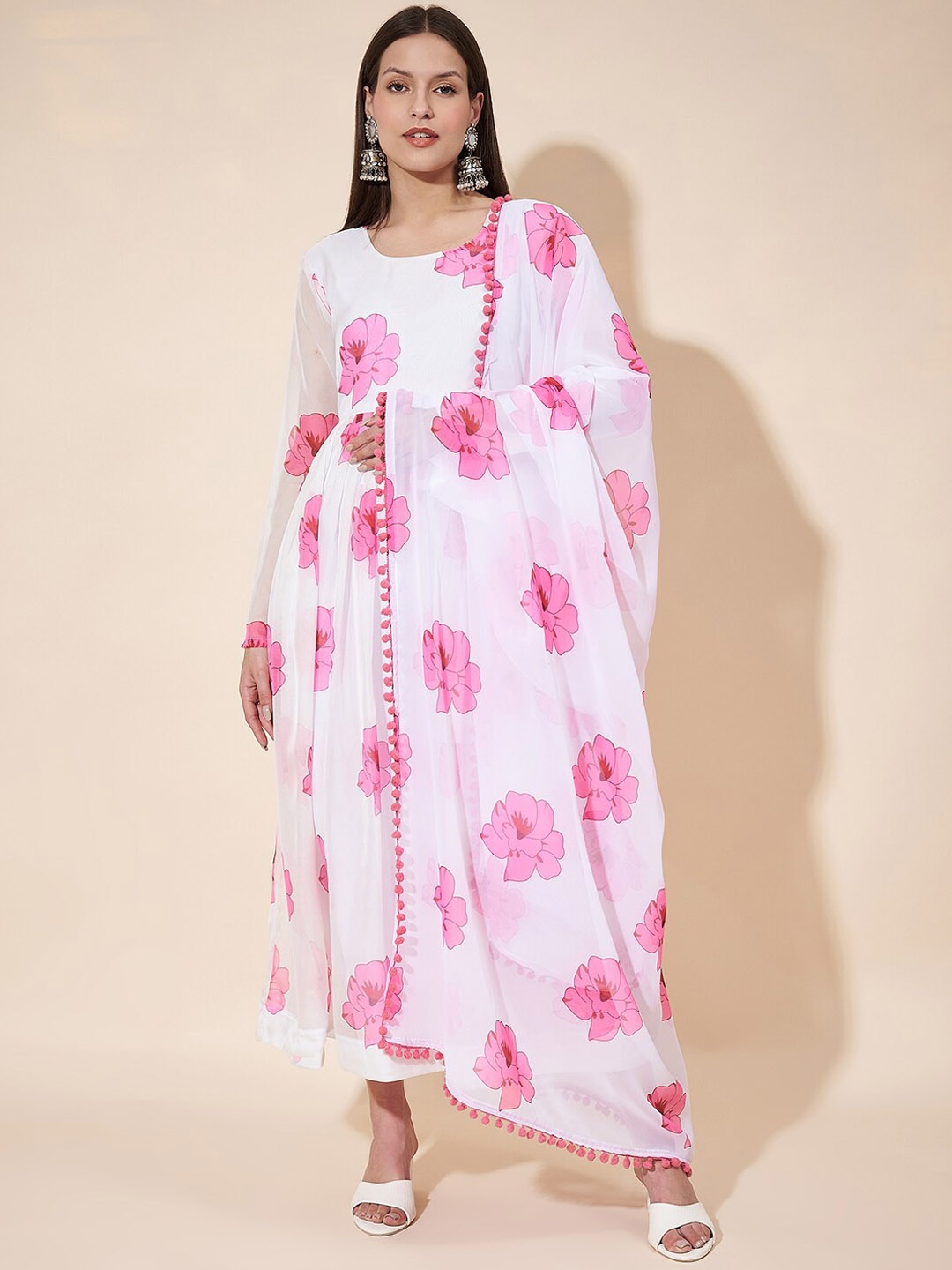 

Modestouze Attires Floral Printed Fit & Flare Ethnic Dress With Dupatta, Pink