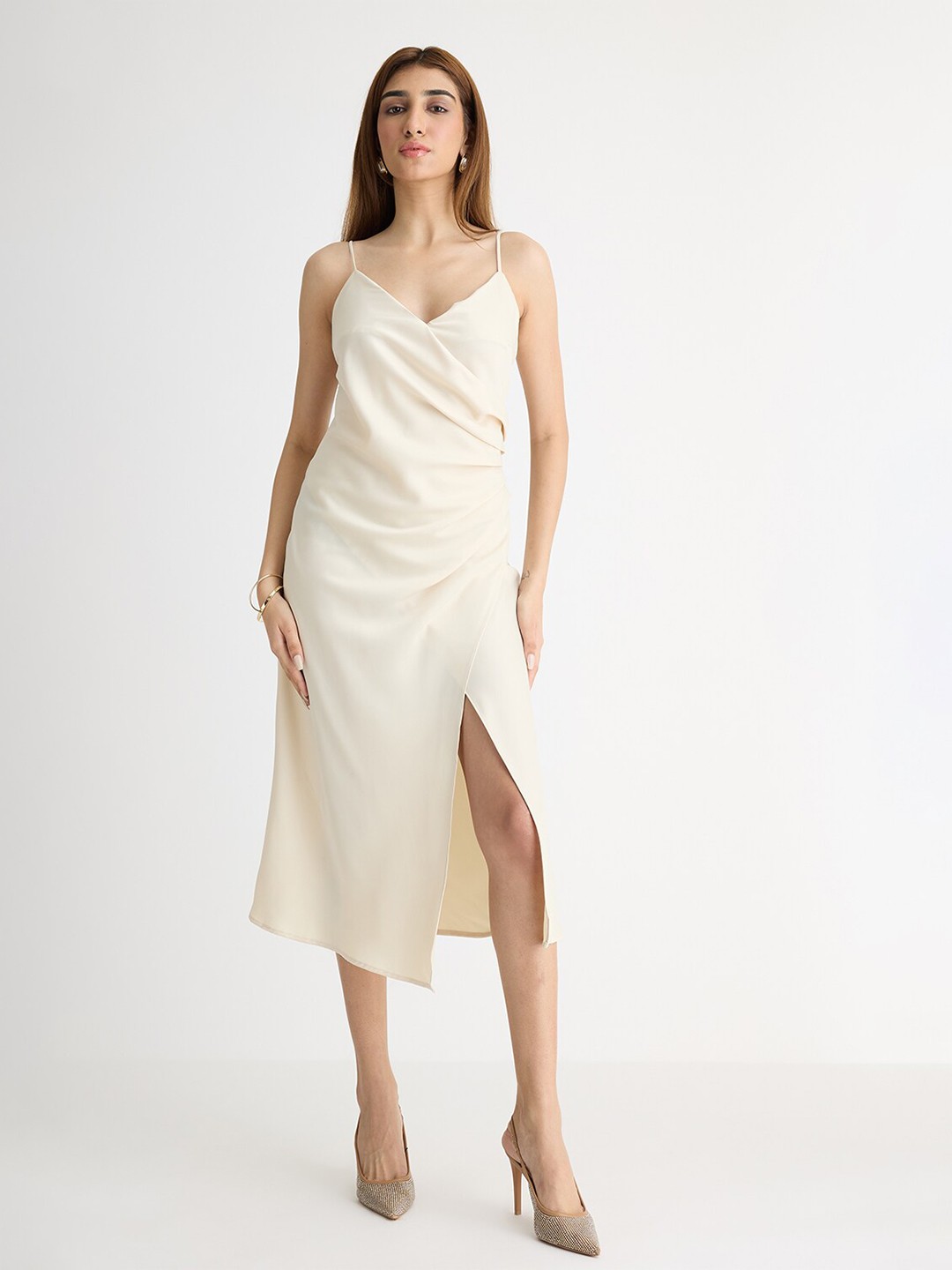 

FREAKINS Shoulder Straps Gathered Satin Sheath Midi Dress, Cream