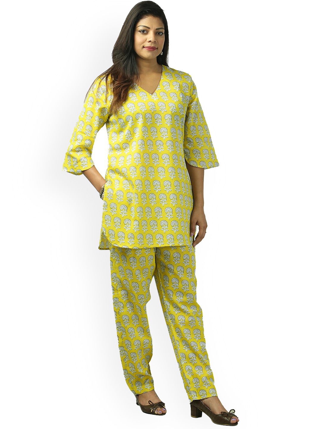 

Freesia Array Printed Pure Cotton Top With Trousers Co-Ords, Yellow