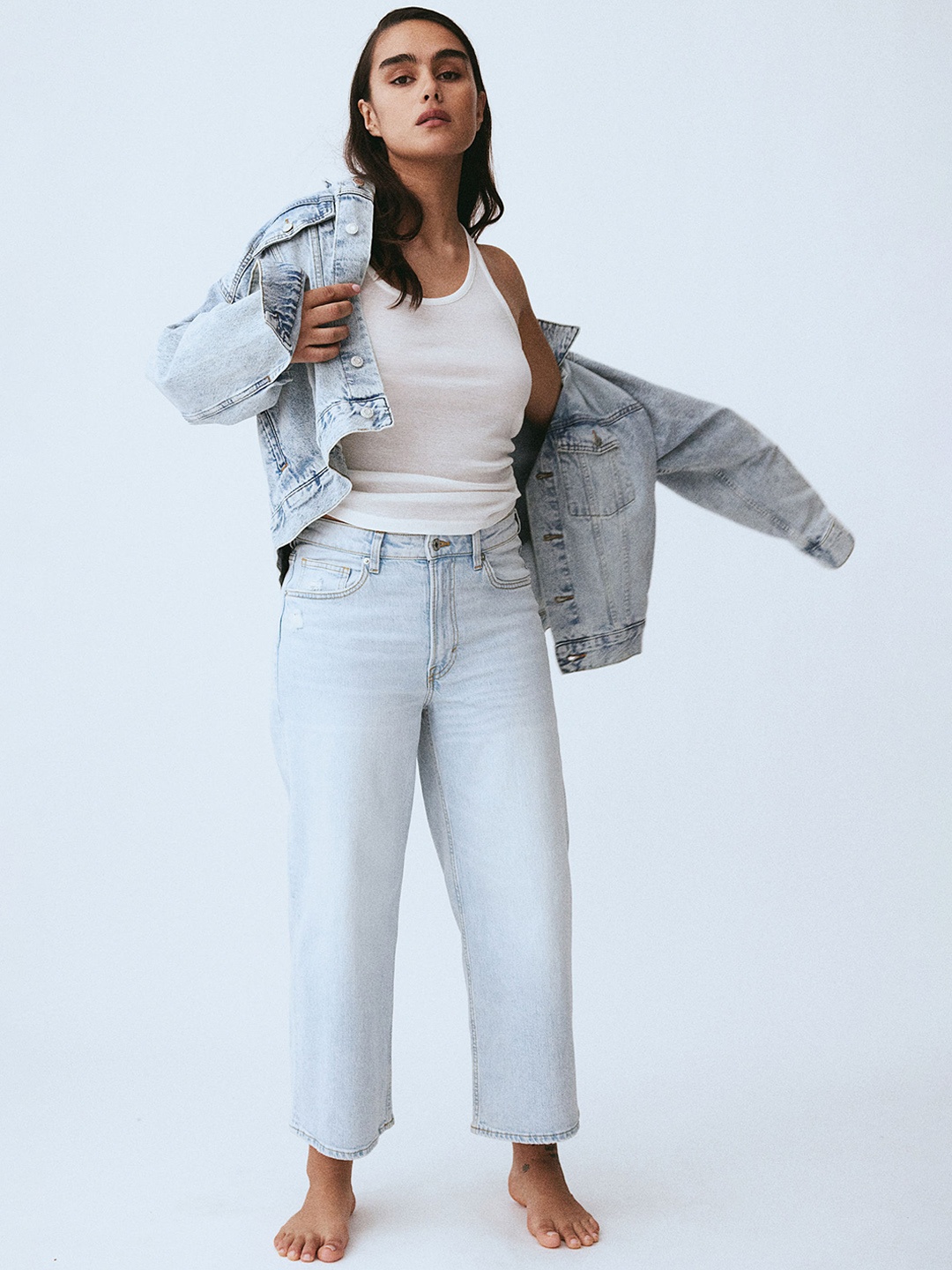 

H&M Women Wide High Cropped Jeans, Blue
