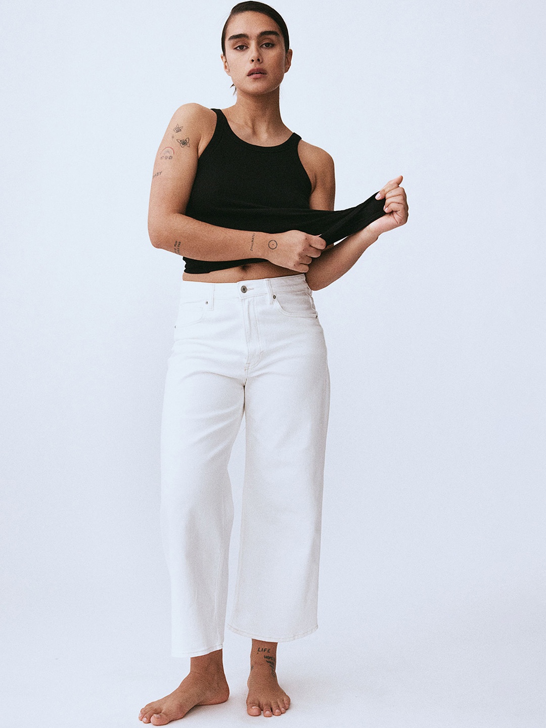 

H&M Women Wide High Cropped Jeans, White