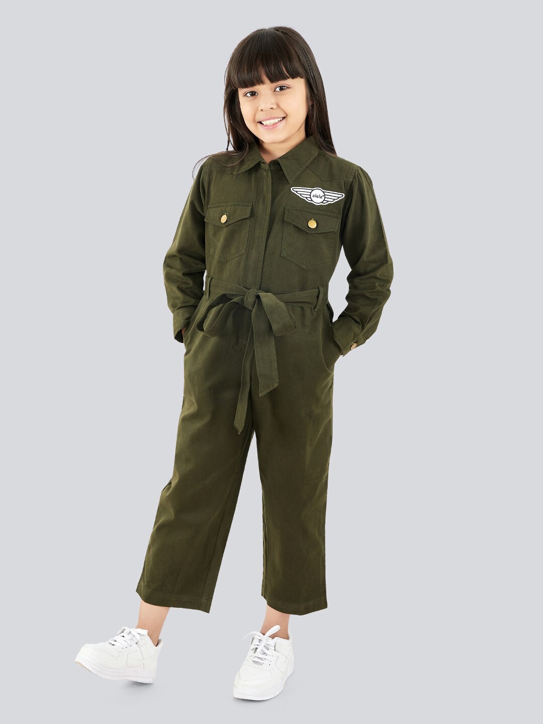 

Olele Girls Shirt Collar Waist Tie-Ups Cotton Basic Jumpsuit, Olive
